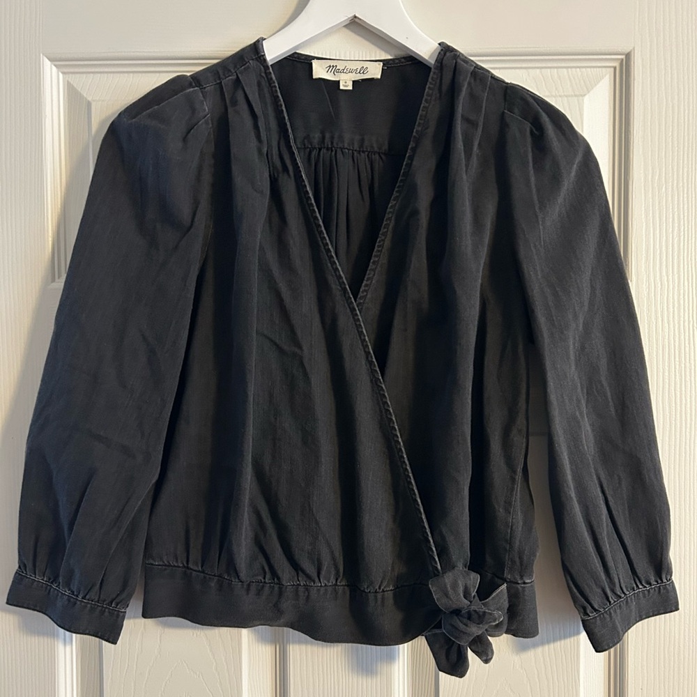 Madewell Wrap Top in Black Denim Ashbury Wash